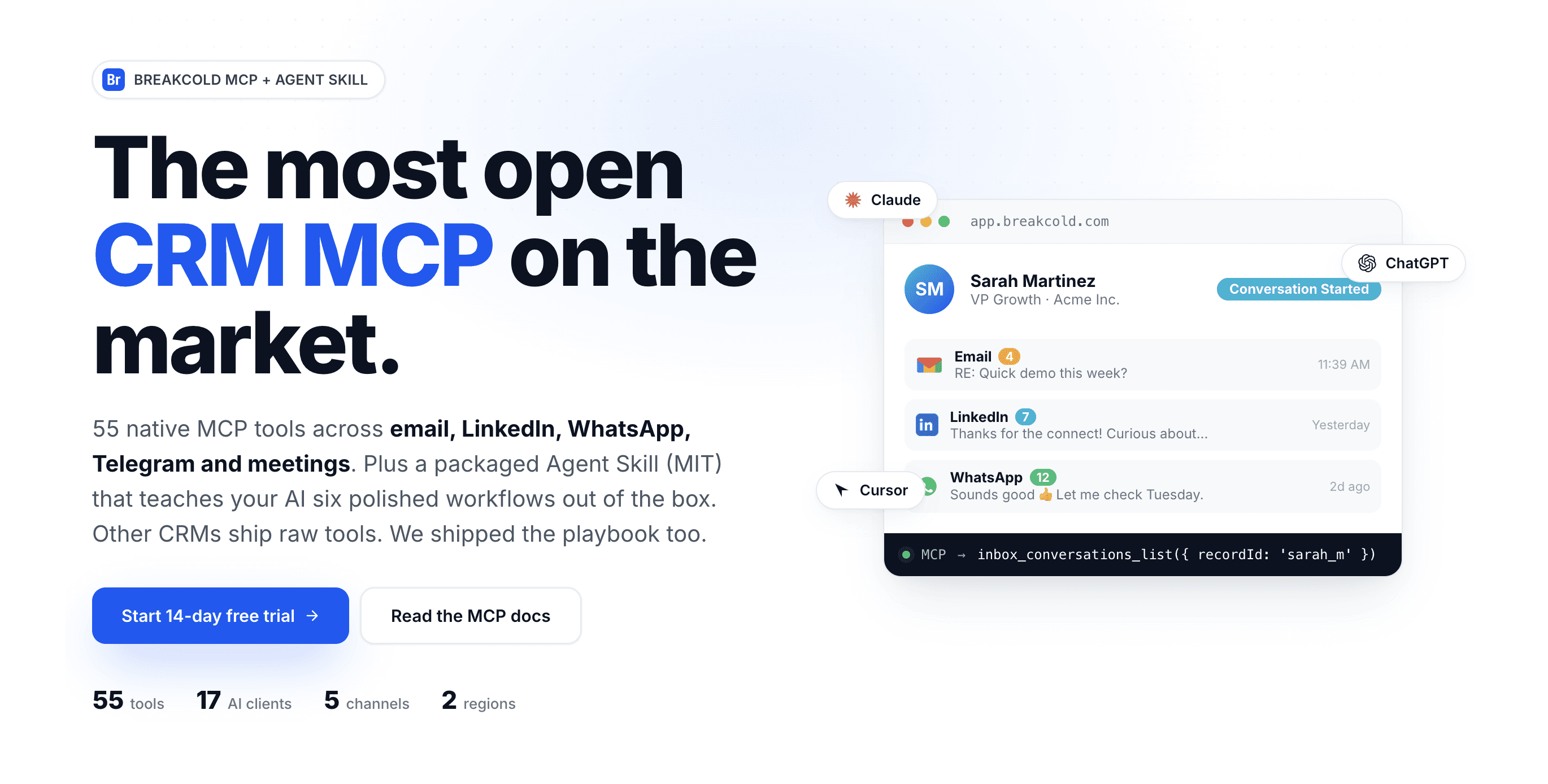 Breakcold MCP β 55 native tools, 17 AI clients, 5 channels including LinkedIn and WhatsApp