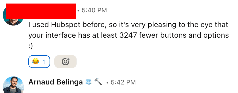 HubSpot to Breakcold testimonial: 3247 fewer buttons and options