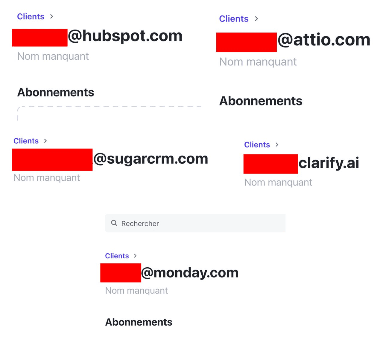 Breakcold customer list showing employees at HubSpot, Attio, SugarCRM, Clarify, Salesforce and Monday all paying for Breakcold