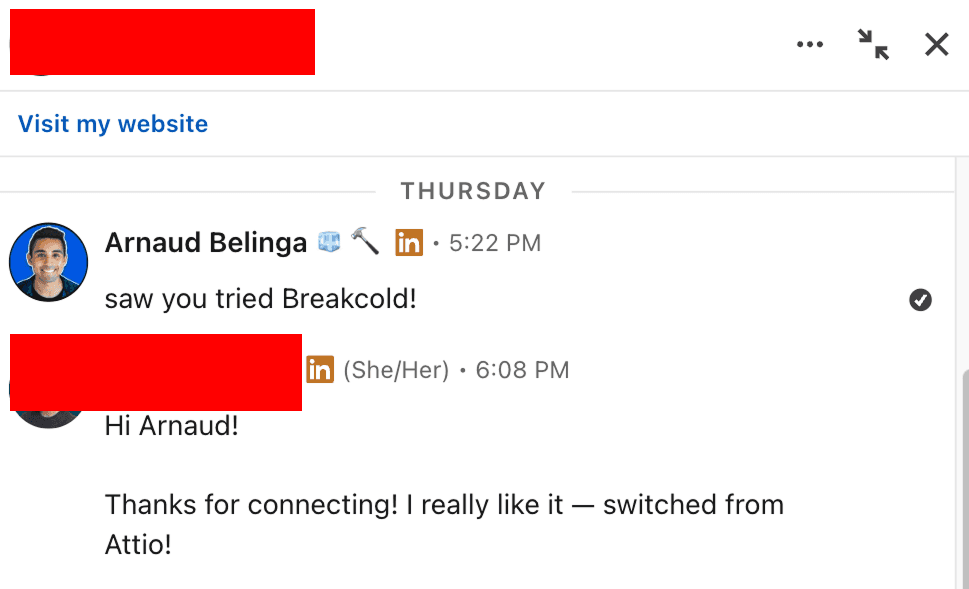LinkedIn message: switched from Attio to Breakcold