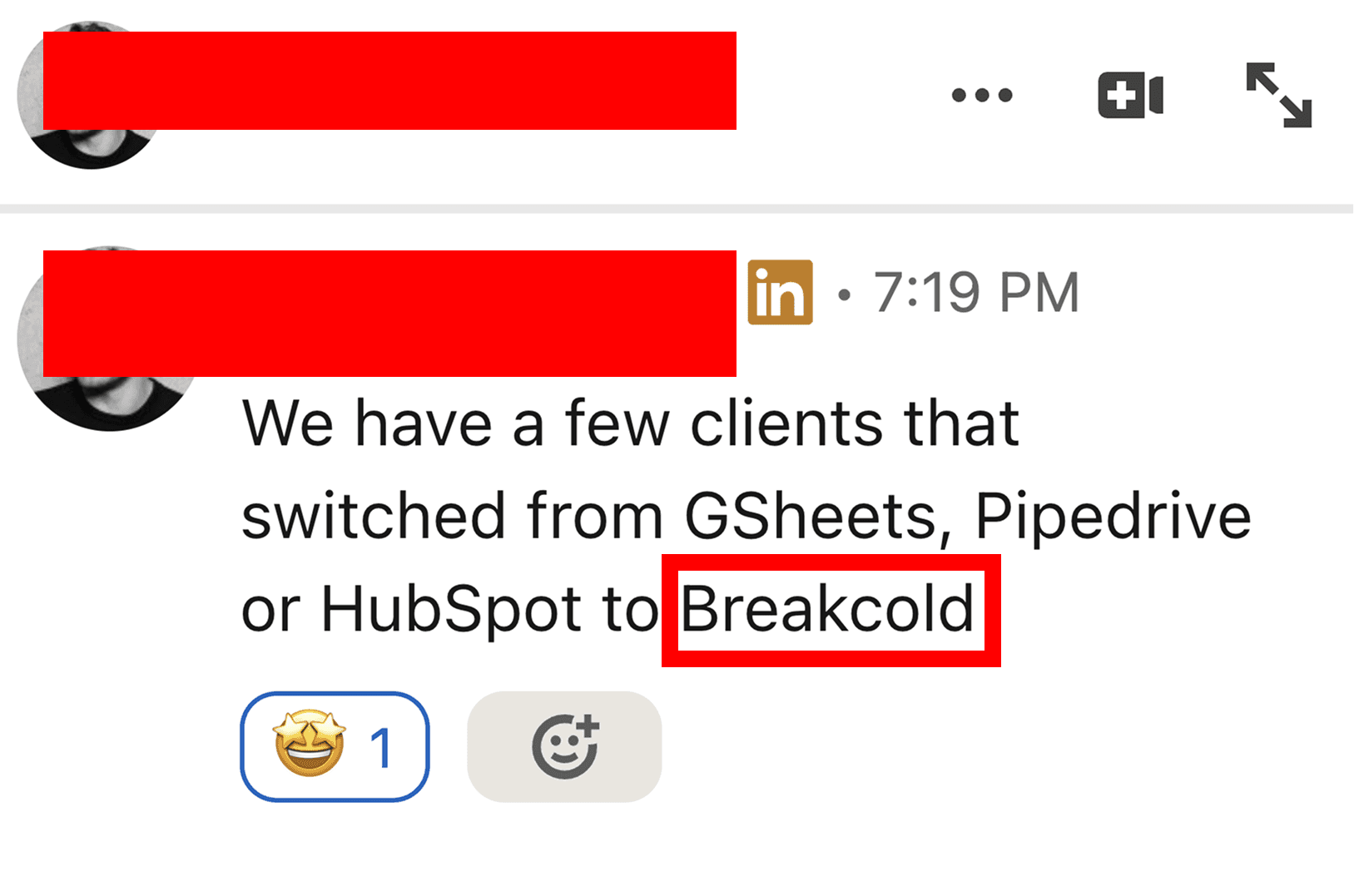LinkedIn DM: clients switching from Pipedrive and HubSpot to Breakcold