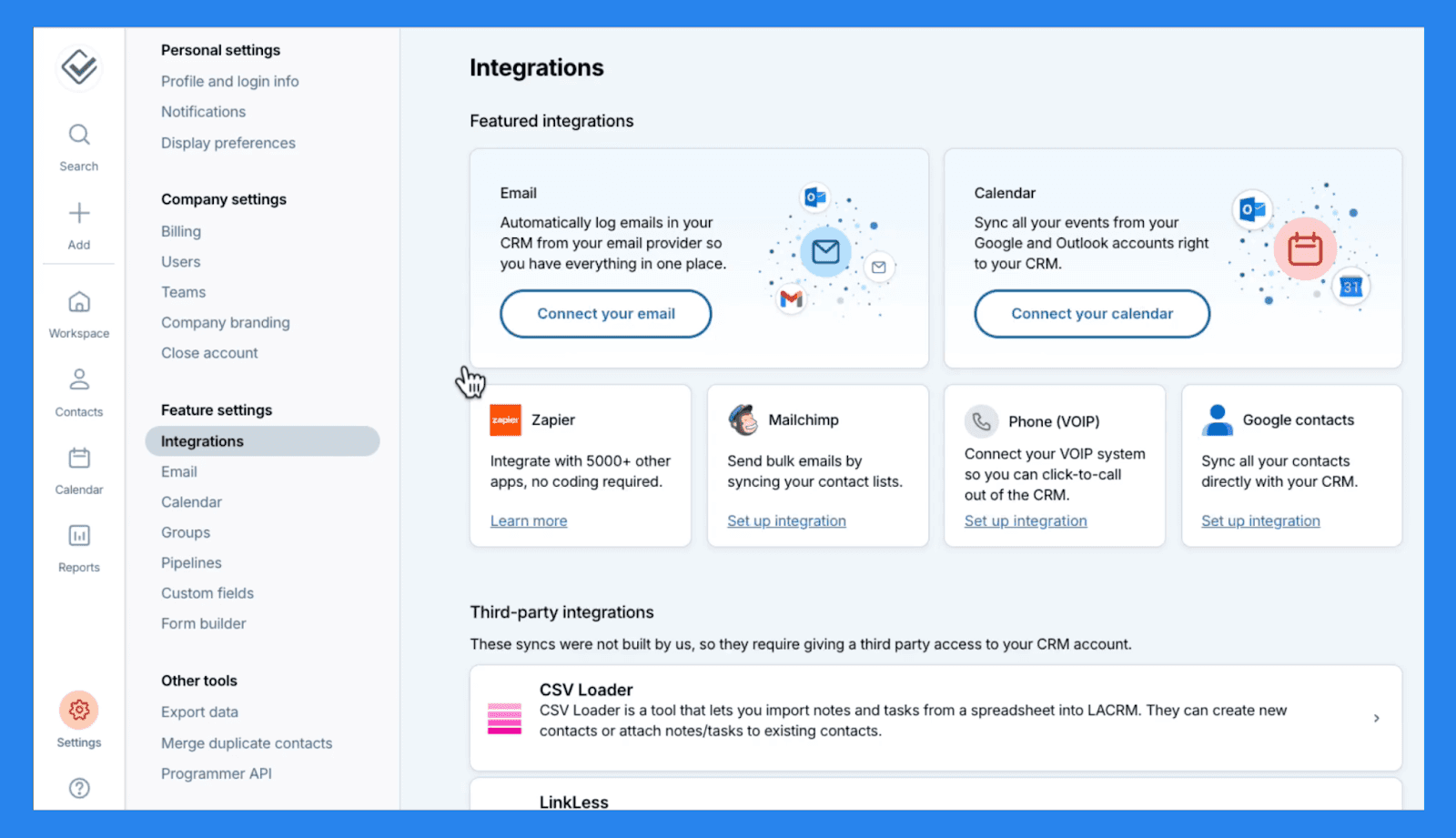 Key Features of Less Annoying CRM: Integrations