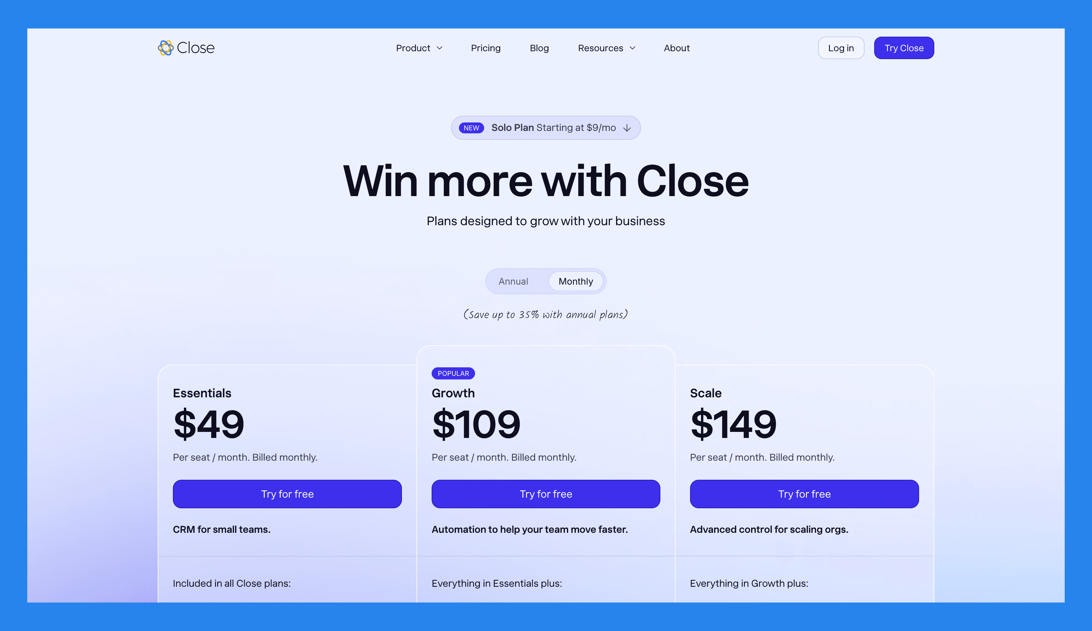 Alternatives to Pipedrive: Close Pricing Plans