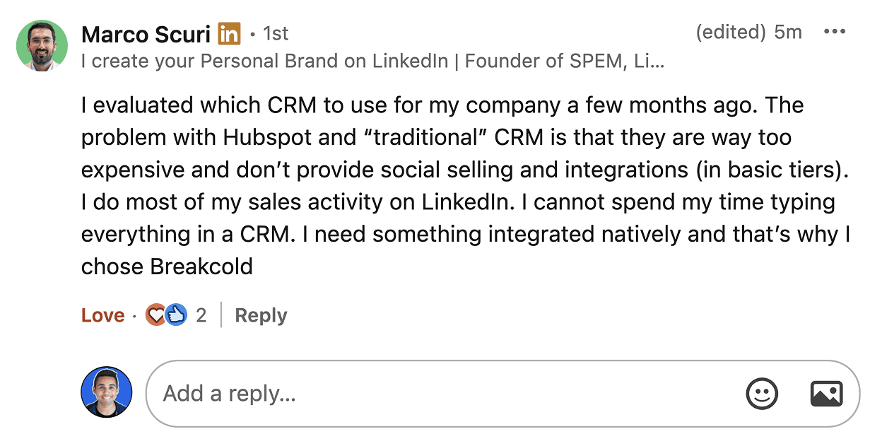 Marco Scuri: HubSpot is too expensive and has no social selling, so I chose Breakcold