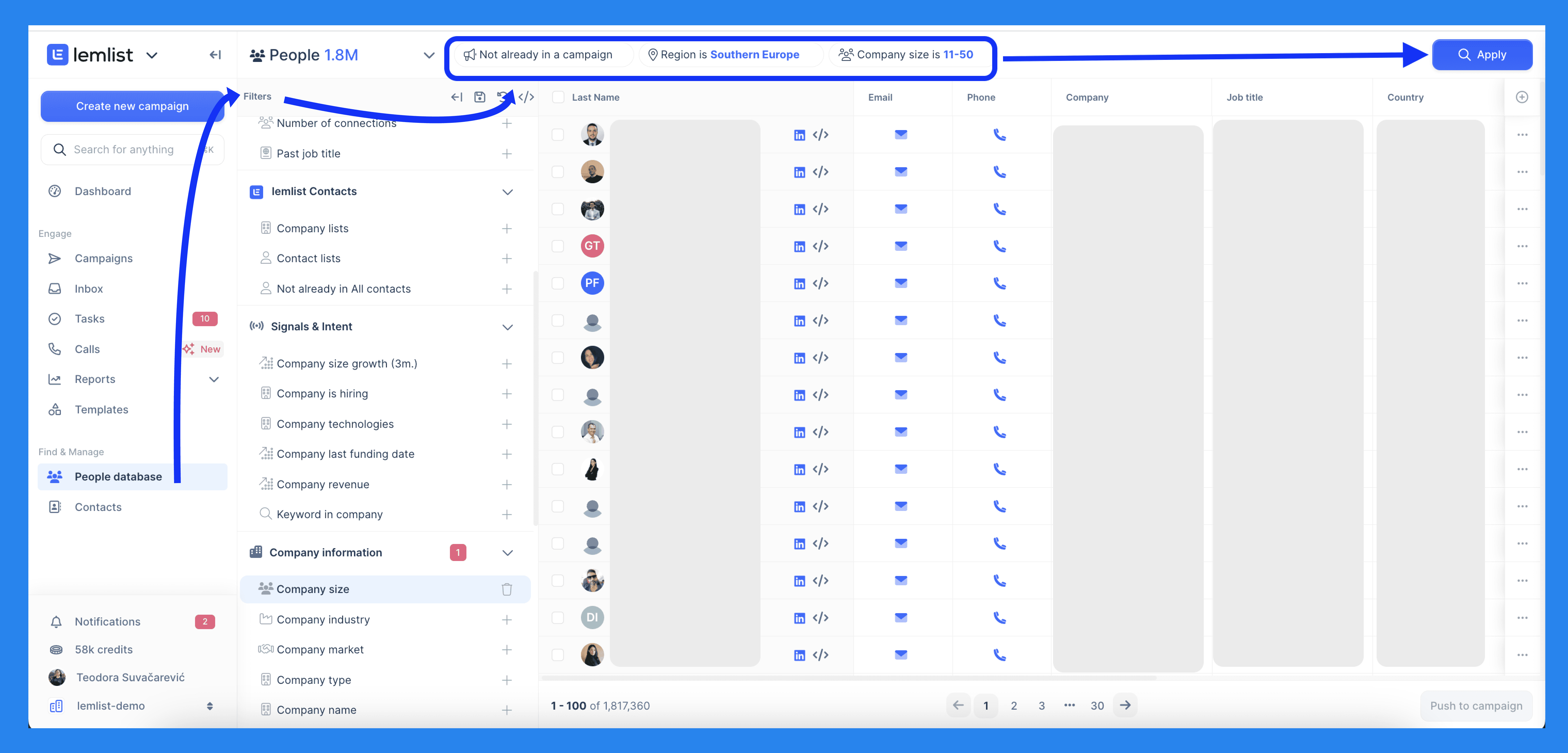 Lemlist Key Features and Functions: B2B Lead Database