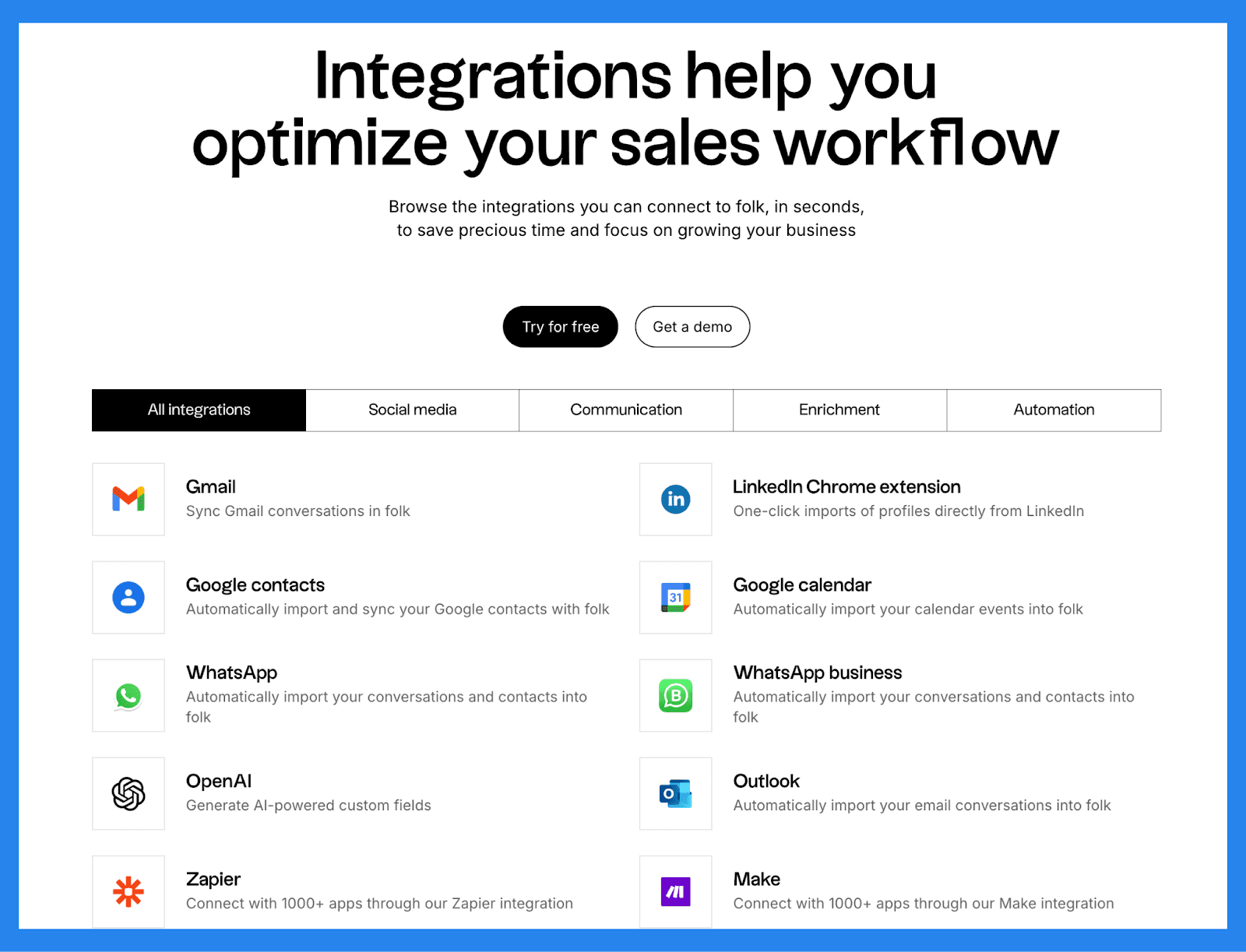 Integrations (Gmail, LinkedIn, Zapier, etc.)