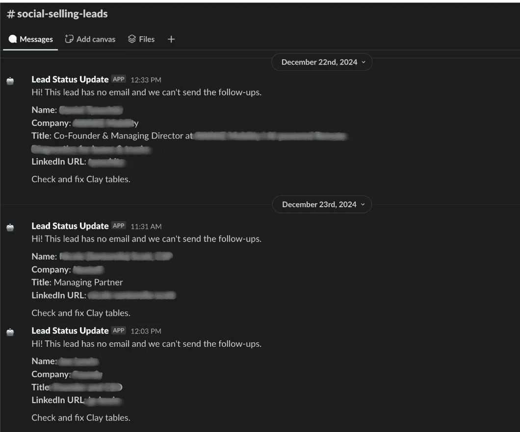 Automated Slack alert from Clay flagging a lead with no email so the team can fix enrichment