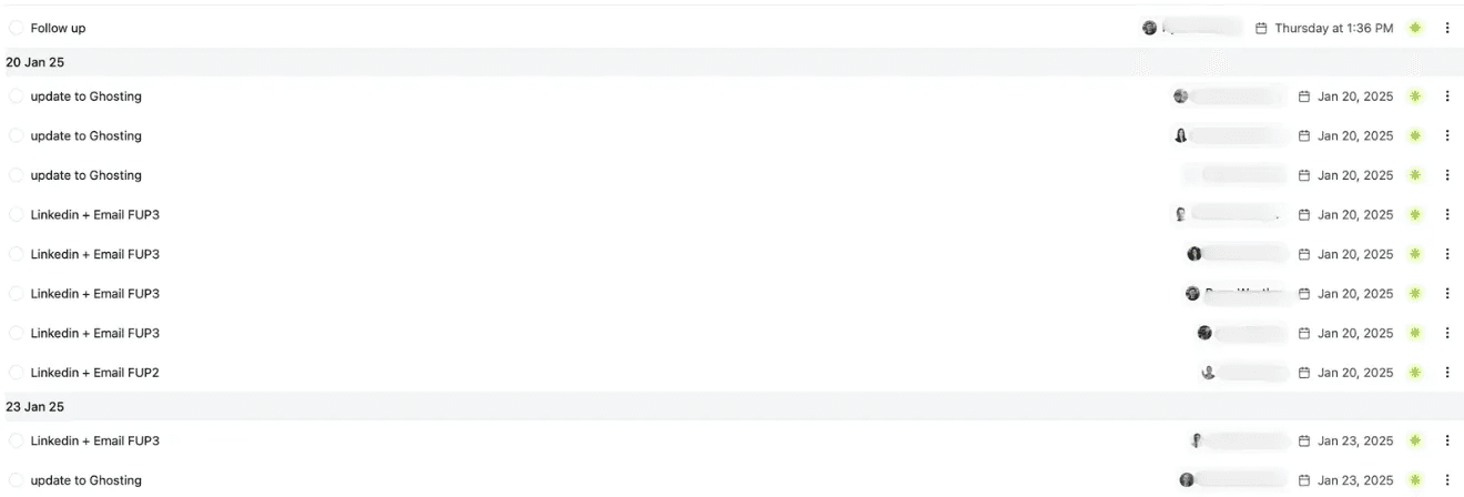 Breakcold tasks queued for LinkedIn and email follow-ups plus ghosting nudges