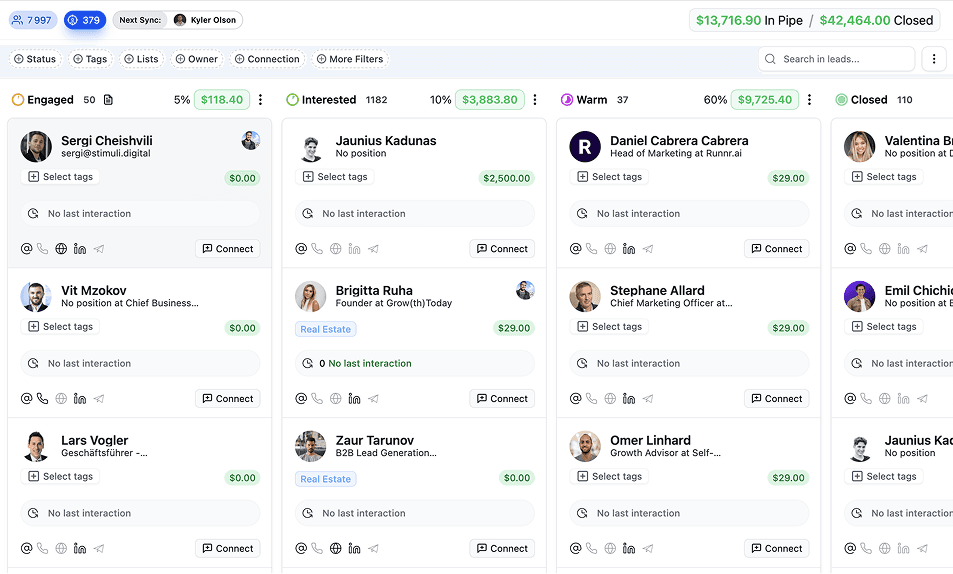 Demo Breakcold pipeline with prospects spread across Engaged, Interested, Warm and Closed stages