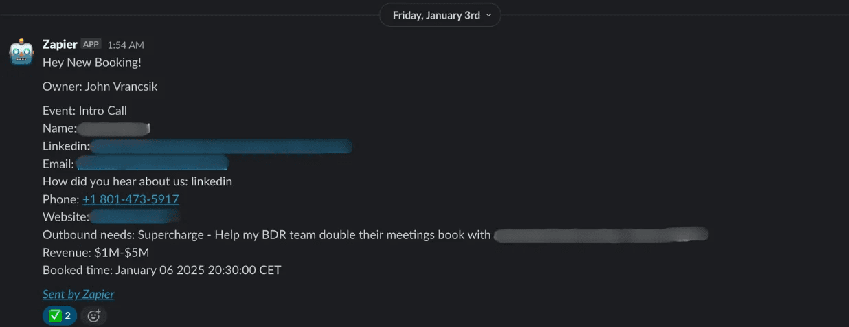 Another automated booking notification landing in Slack via Zapier