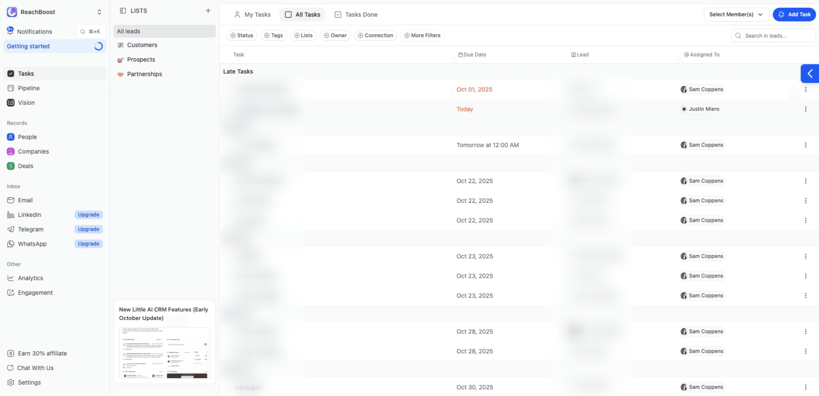 Breakcold task list with daily follow-ups assigned to each ReachBoost team member
