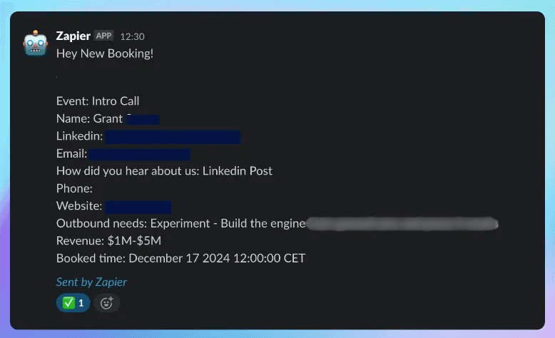 Zapier posting a new intro-call booking straight into the team Slack channel